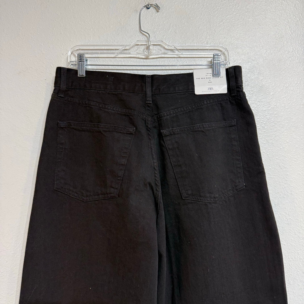 Zara Black Mid Rise Loose Fit Wide Leg Jeans Sz 8 NWT