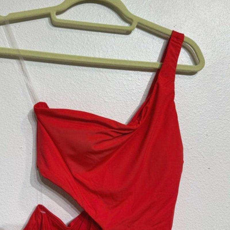 Aqua Red One Shoulder Cut Out One Piece Swimsuit Sz M NWT