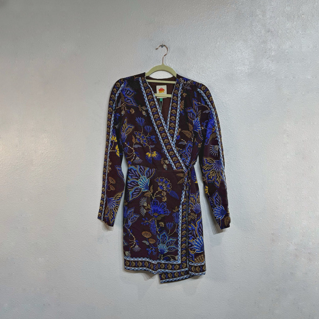 FARM Rio Brown Embroidered Garden Wrap Mini Dress Long Sleeve NWT Sz XS