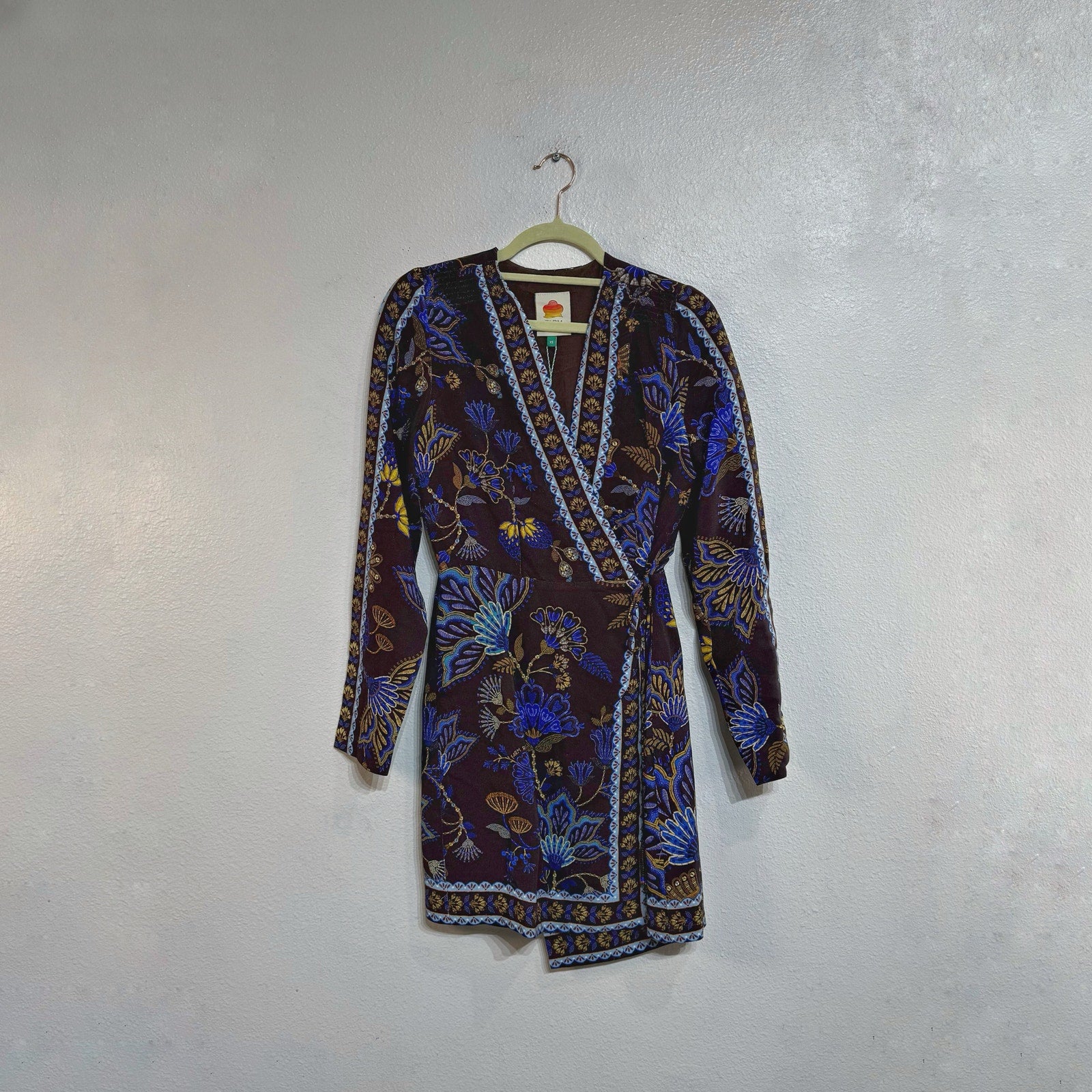 FARM Rio Brown Embroidered Garden Wrap Mini Dress Long Sleeve NWT Sz XS