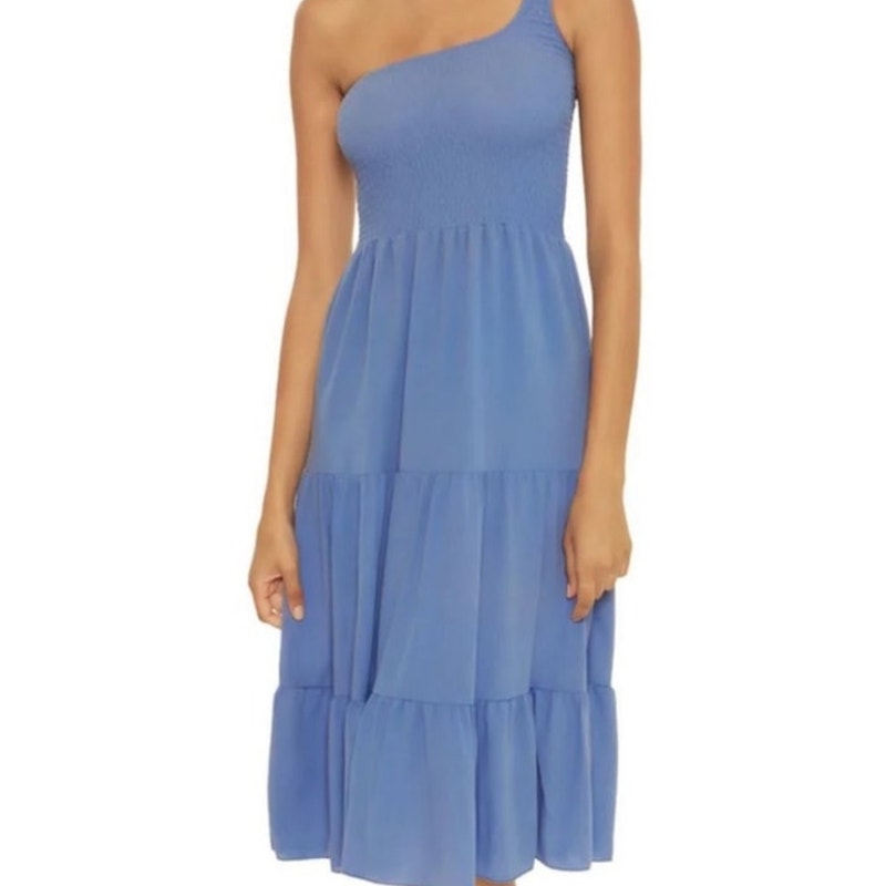 Becca Swim Mist Blue Ponza Smocked One Shoulder Dress Sz M NWT