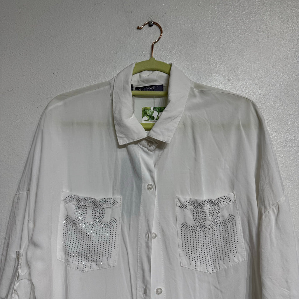Grey Violet White Bedazzled Button Down Blouse Sz XS NWT