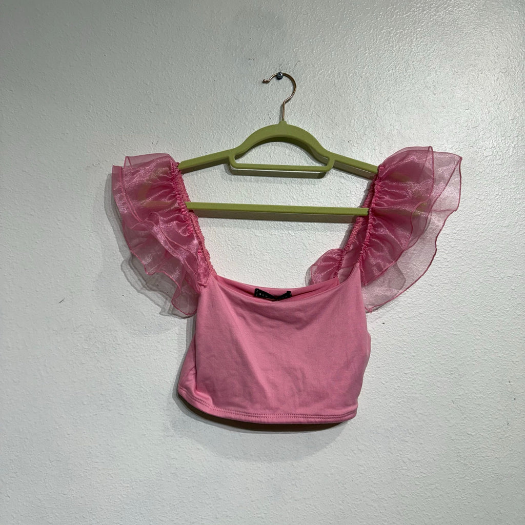 Anything Bling Pink Ruffle Mesh Sleeve Crop Top Sz S NWT