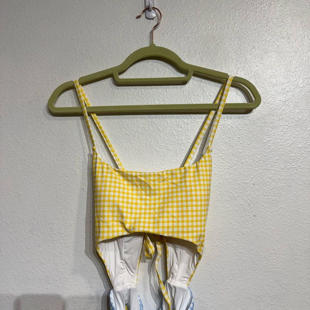 Aqua Swim Yellow Checkered Color Blocked Cut Out One Piece Swimsuit Sz S NWT