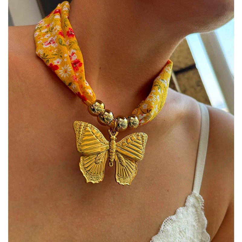 Floral Scarf Necklace Gold Butterfly Pendant Statement Necklace NIB