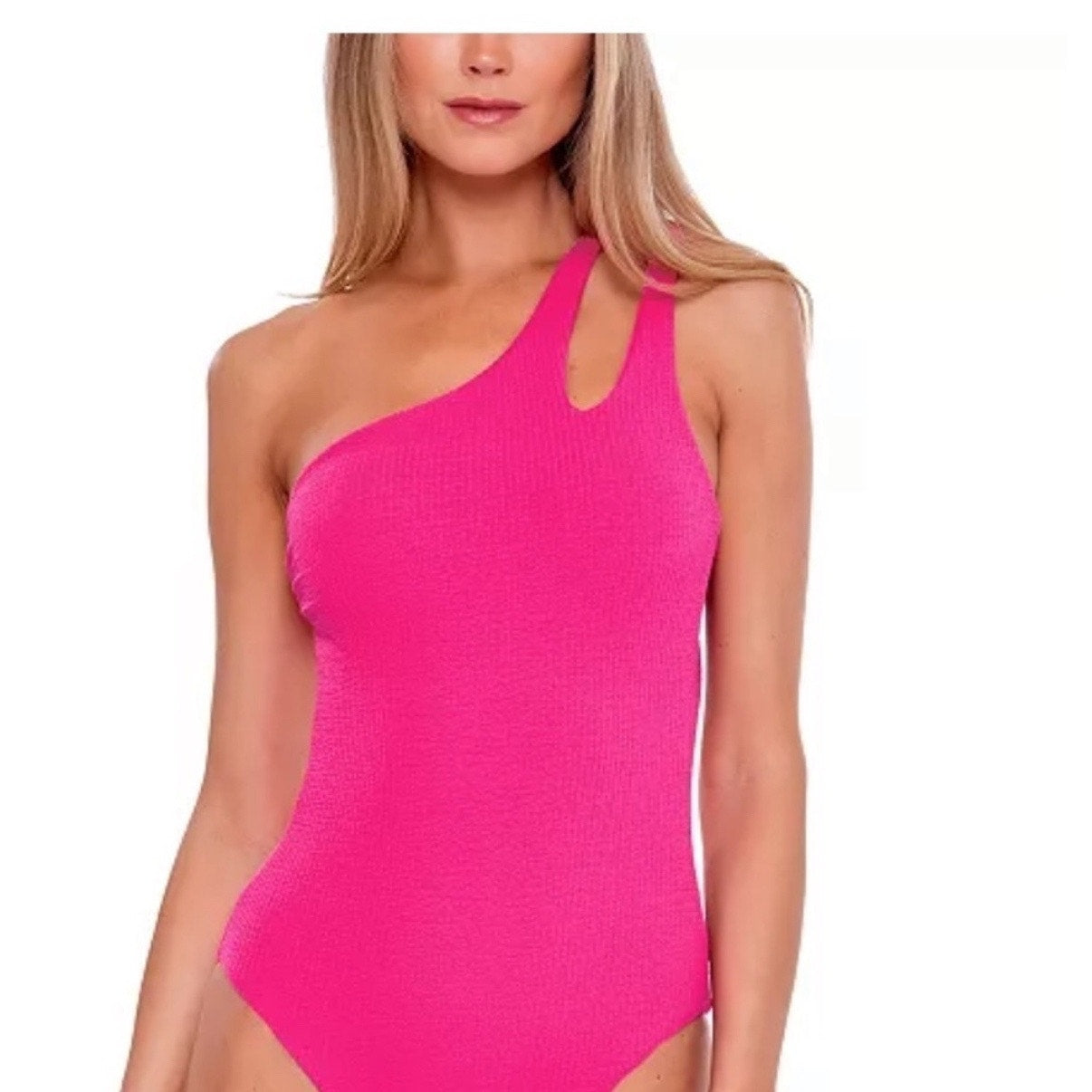 Becca Cosmopolitan Pink Pucker Up Asymmetrical One-Piece Swimsuit Sz M NWT
