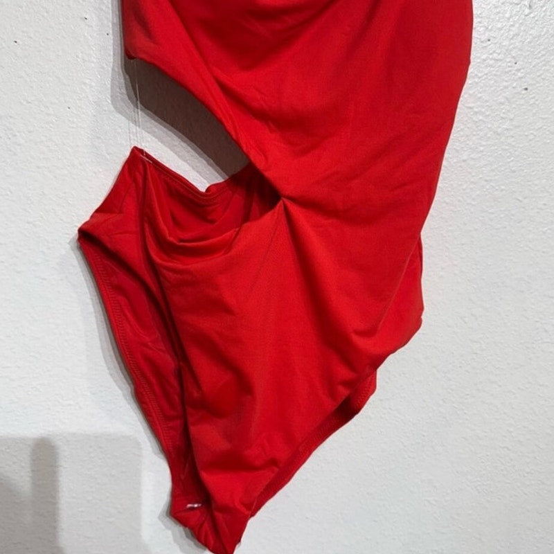 Aqua Red One Shoulder Cut Out One Piece Swimsuit Sz XL NWT