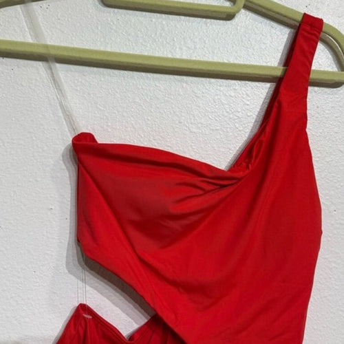 Aqua Red One Shoulder Cut Out One Piece Swimsuit Sz XL NWT