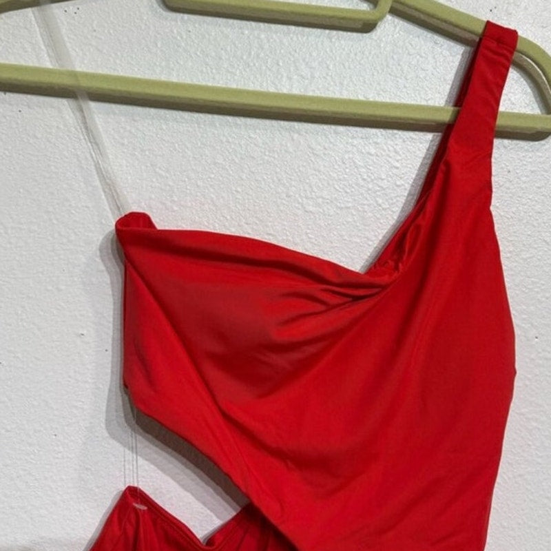 Aqua Red One Shoulder Cut Out One Piece Swimsuit Sz XL NWT