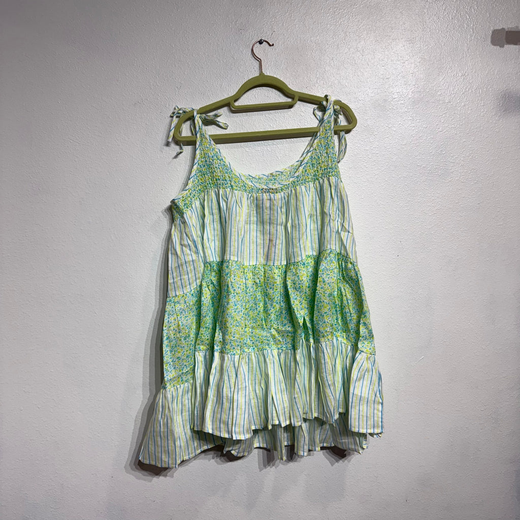 Solid & Striped Green Painted Floral The Parker Linen Mini Dress Sz L NWT