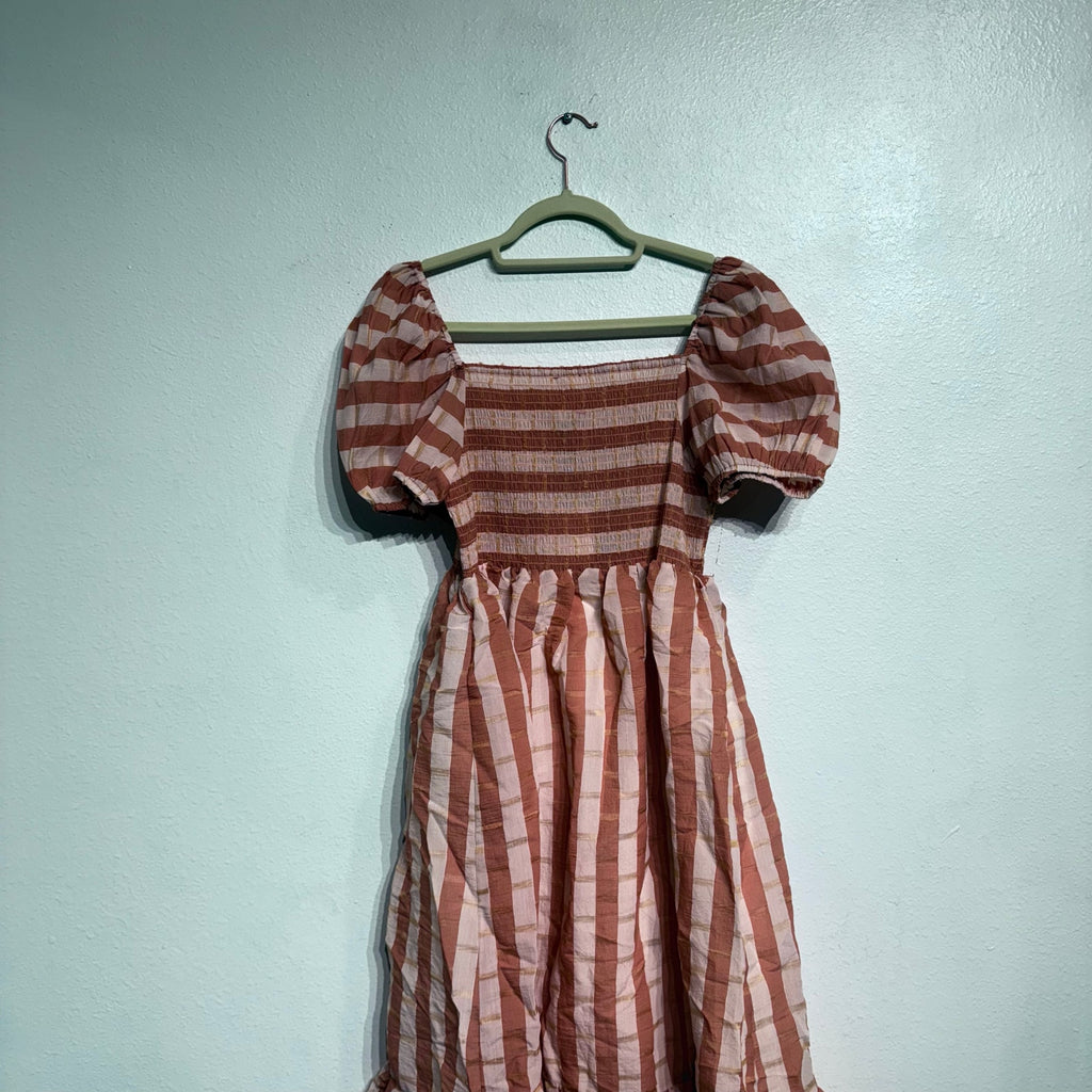 DRA Nicole Peach Striped Organza Midi Dress Sz M NWT