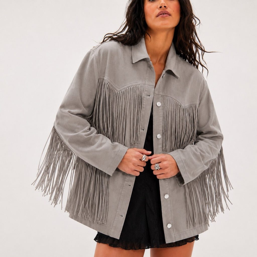 We The Free Flint Gray Fringe Out Vegan Suede Oversized Shacket Sz S NWT