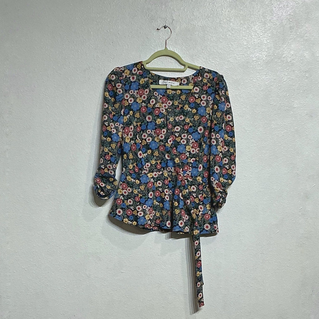 Lily White Black Floral Faux Wrap Peplum Blouse Sz S