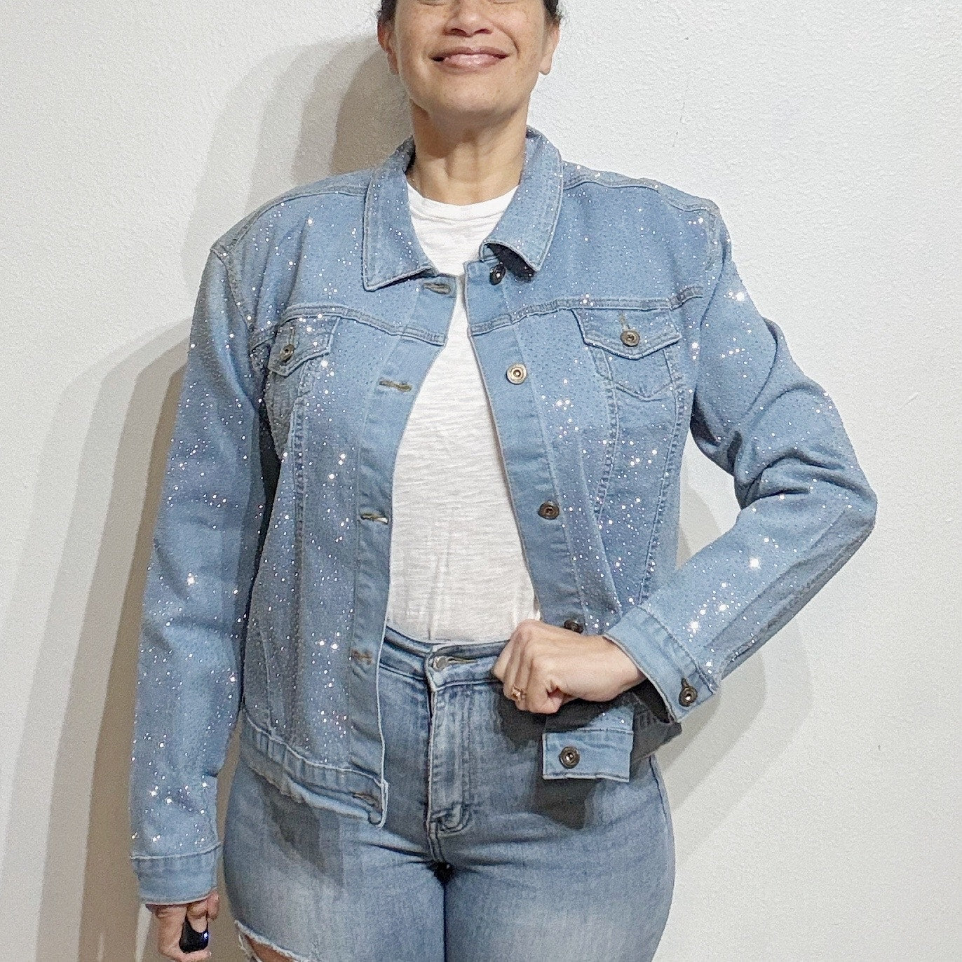 Phoebe J. Collection Light Blue Rhinestone Studded Jean Jacket Sz 3X NWT