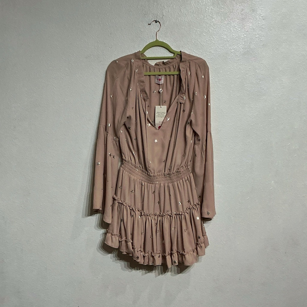 Buddy Love Pink Silver Metallic Star Bell Sleeve Dress Sz S NWT
