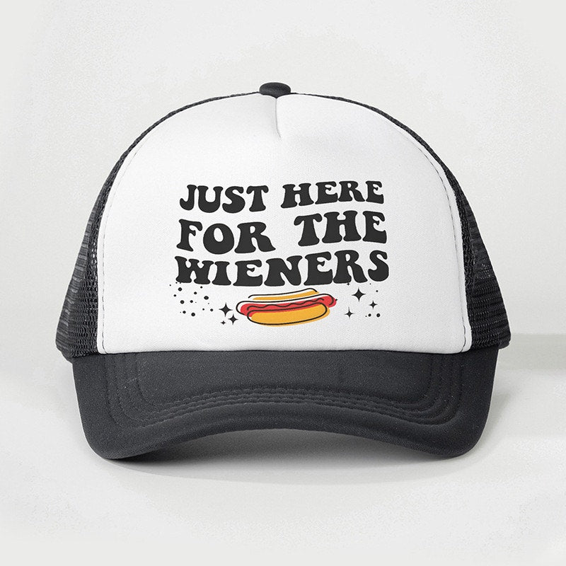 Just Here for the Wieners Black Funny Graphic Mesh Trucker Hat NWOT