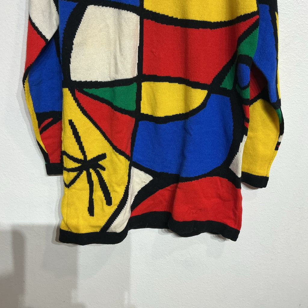 Adrienne Vittadini White Multicolor Geometric Abstract Knit Sweater Sz S NWT