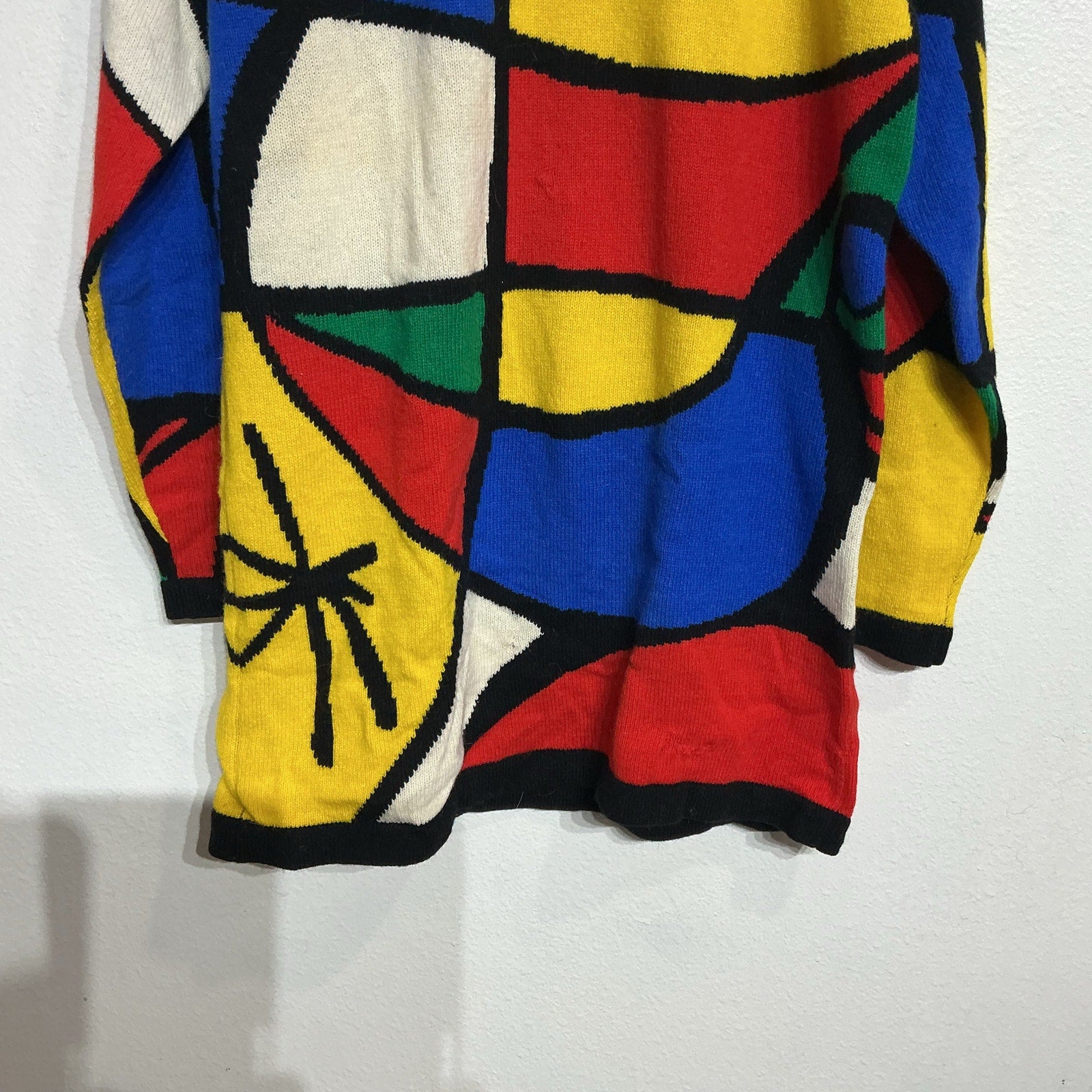 Adrienne Vittadini White Multicolor Geometric Abstract Knit Sweater Sz S NWT