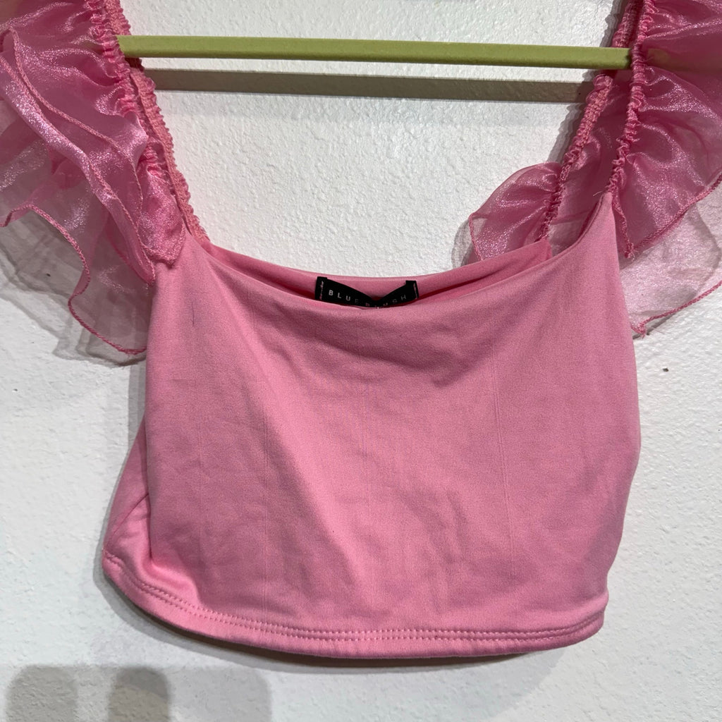 Anything Bling Pink Ruffle Mesh Sleeve Crop Top Sz S NWT