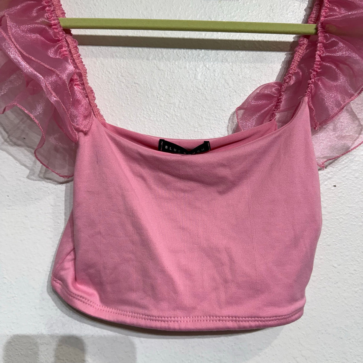 Anything Bling Pink Ruffle Mesh Sleeve Crop Top Sz S NWT