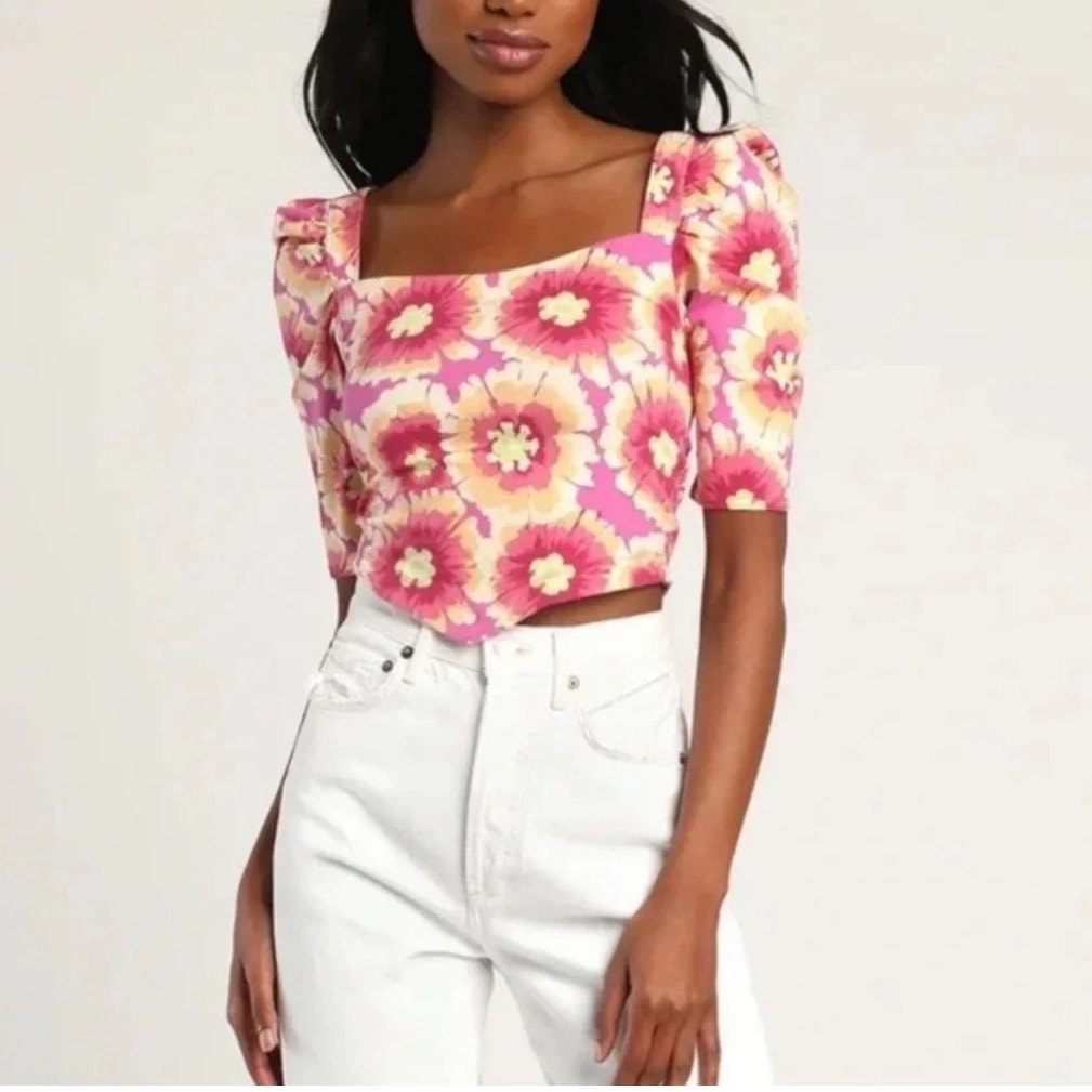 Free People Pink Combo Give Me More Floral Top Sz XS NWT