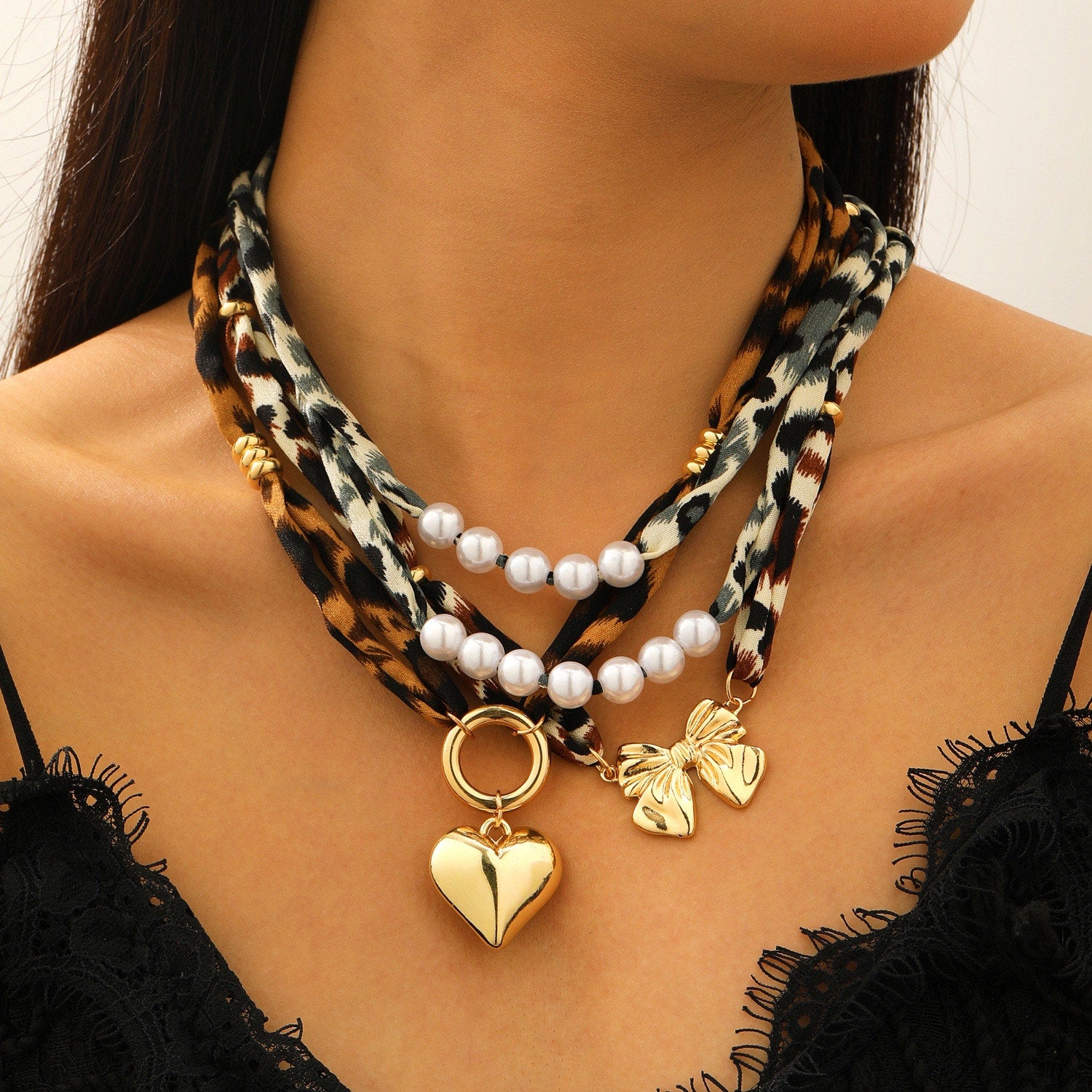 Leopard Print Scarf Necklace Gold Puffy Heart Pendant Statement Necklace NIB