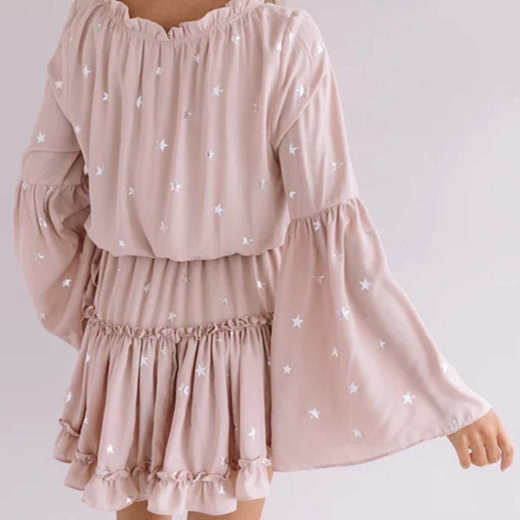 Buddy Love Pink Silver Metallic Star Bell Sleeve Dress Sz S NWT