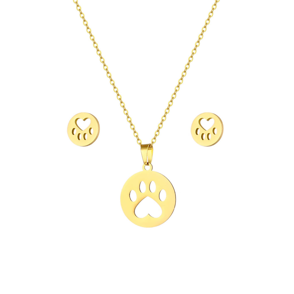 Gold Paw Print Necklace & Stud Earrings Set Pet Lover Jewelry NWOT