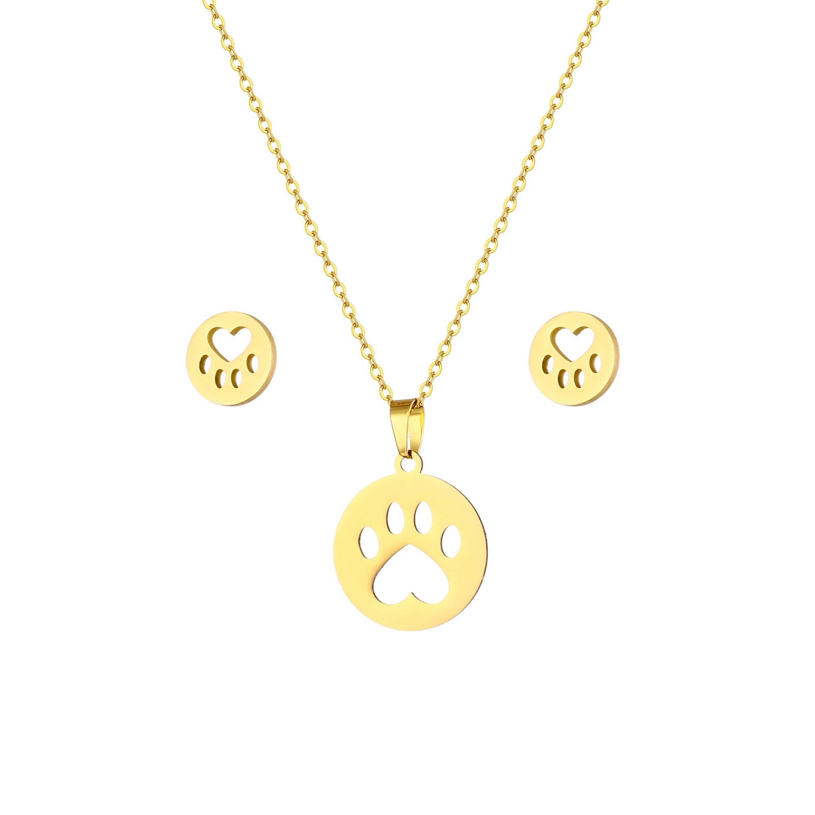 Gold Paw Print Necklace & Stud Earrings Set Pet Lover Jewelry NWOT