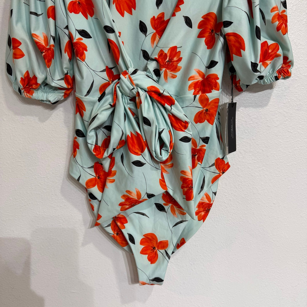 SAME Los Angeles x Free People Floral Tie Front Bodysuit Puff Sleeve Sz M NWT