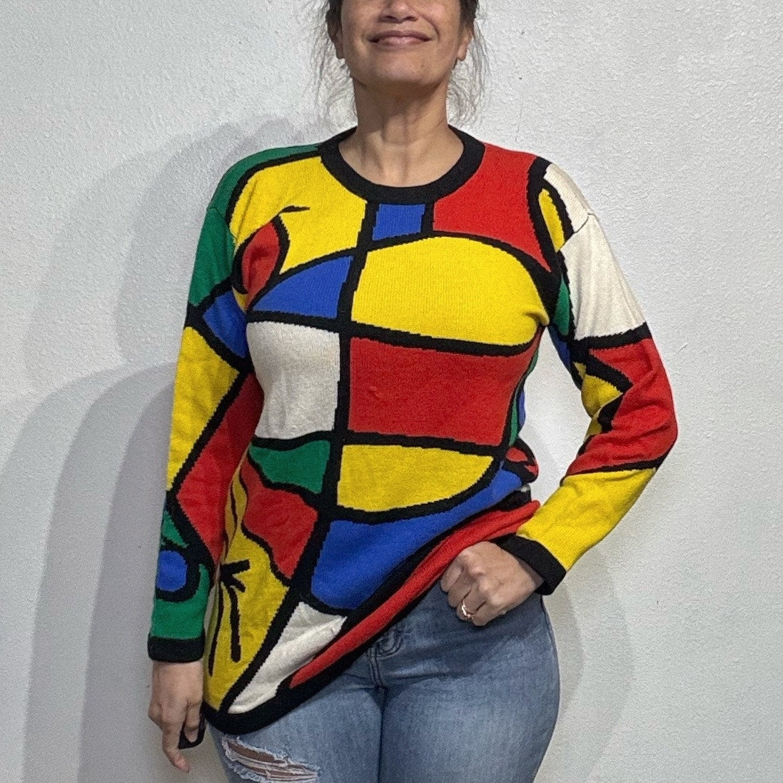 Adrienne Vittadini White Multicolor Geometric Abstract Knit Sweater Sz S NWT