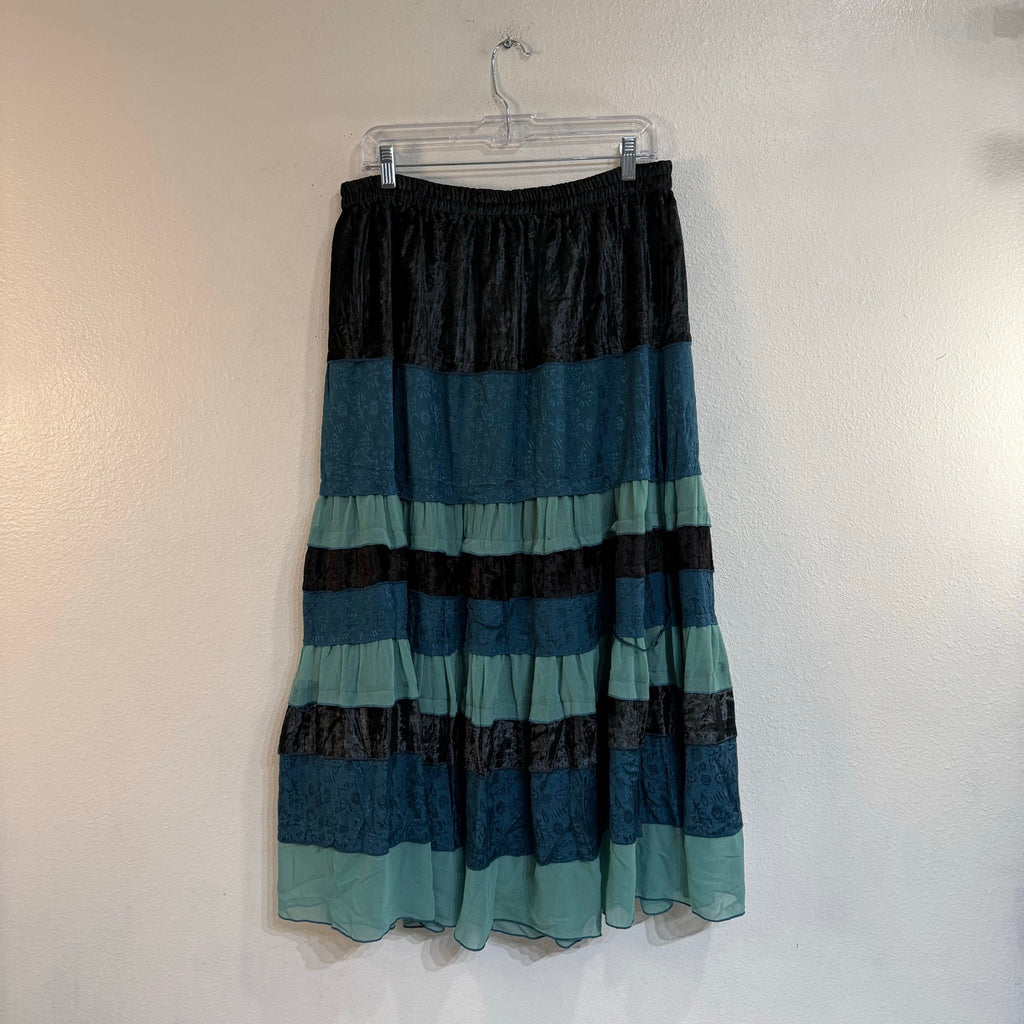 Agapo Teal Tiered Velvet Jacquard Boho Midi Skirt Sz S NWT