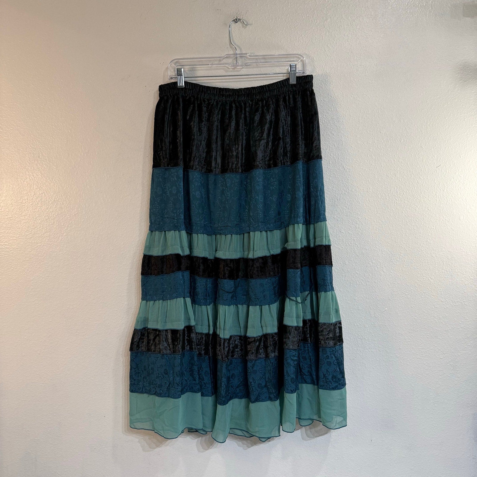 Agapo Teal Tiered Velvet Jacquard Boho Midi Skirt Sz S NWT