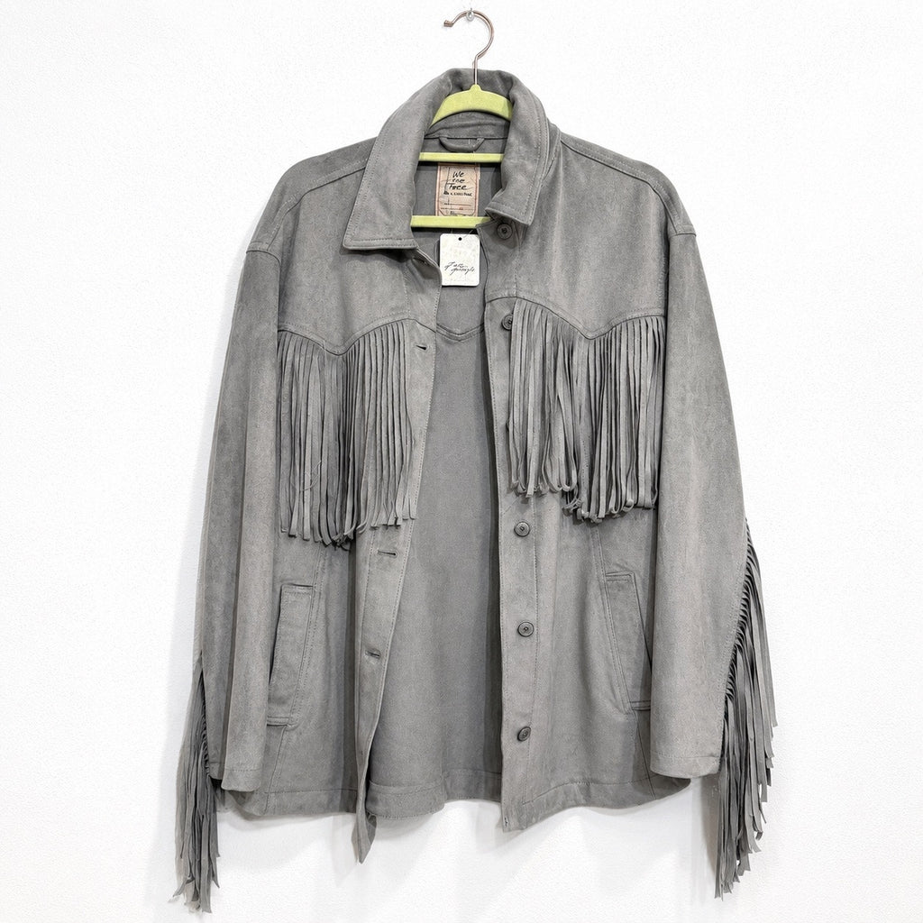 We The Free Flint Gray Fringe Out Vegan Suede Oversized Shacket Sz S NWT