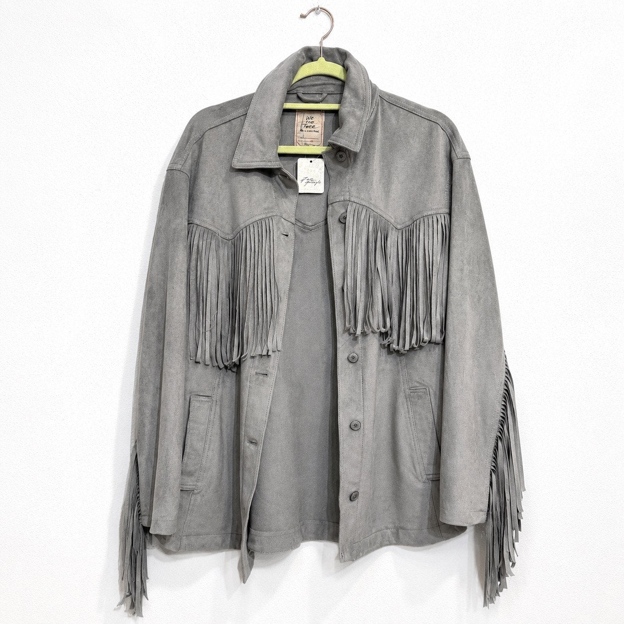 We The Free Flint Gray Fringe Out Vegan Suede Oversized Shacket Sz S NWT