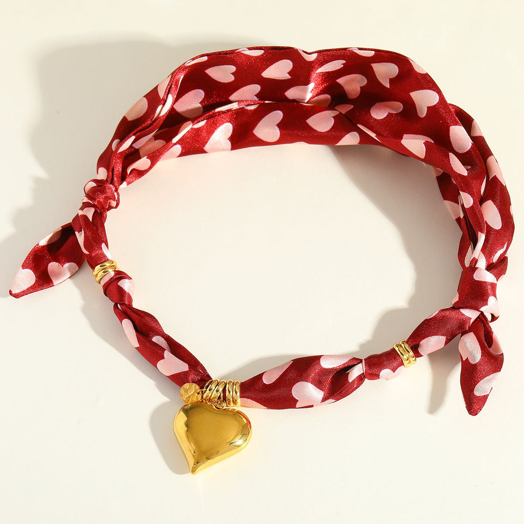 Heart Print Scarf Necklace Gold Heart Pendant Coquette Statement Necklace NIB