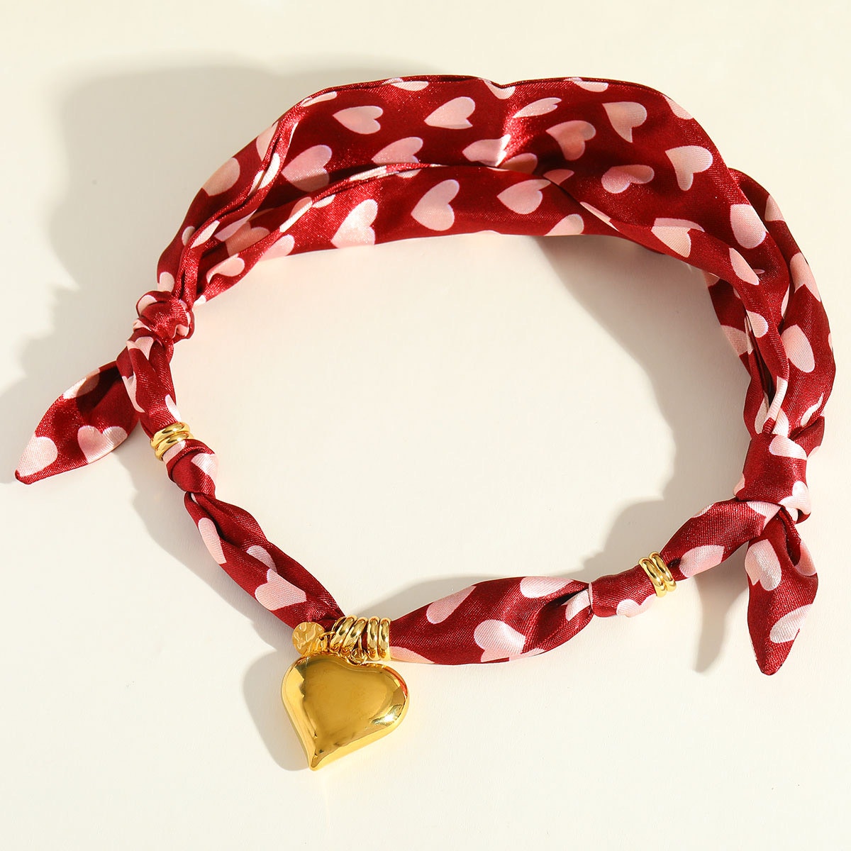 Heart Print Scarf Necklace Gold Heart Pendant Coquette Statement Necklace NIB