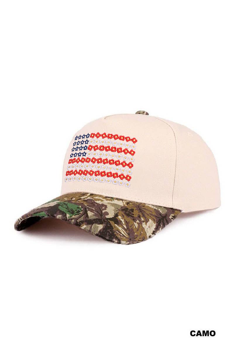 `0403 Star Floral American Flag Two Tone Cotton Hat SI-29571