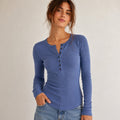 We The Free Free People Cold River Blue Ribbed Long Sleeve Henley Top Sz S NWT