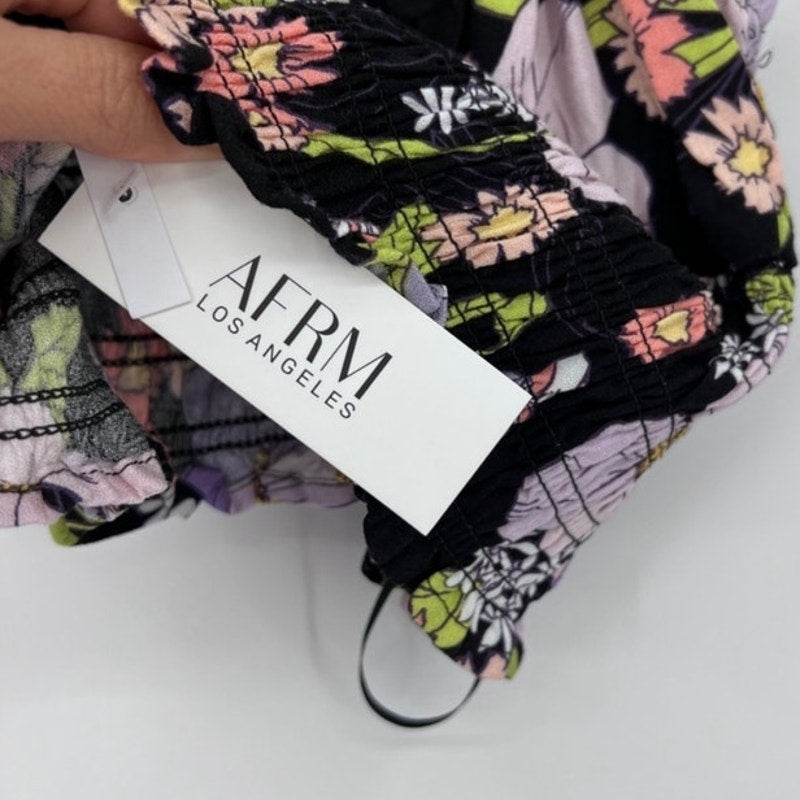 AFRM Black Floral Stein Smocked Crop Top Sz M NWT
