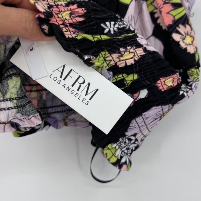 AFRM Black Floral Stein Smocked Crop Top Sz M NWT
