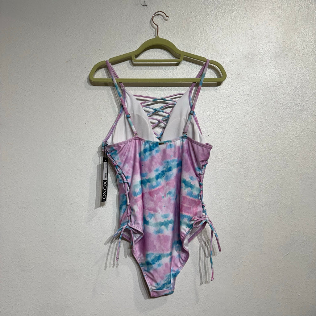 XOXO Pink Blue Tie Dye Plunge One Piece Swimsuit Sz XL NWT