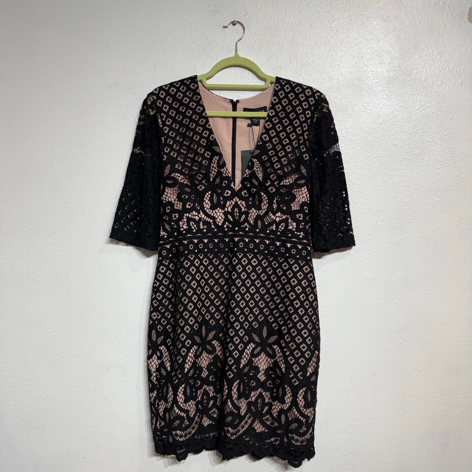 StyleStalker Black Lani Lace Mini Dress Sheer Sleeve V Neck Sz M NWT