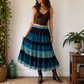Agapo Teal Tiered Velvet Jacquard Boho Midi Skirt Sz S NWT