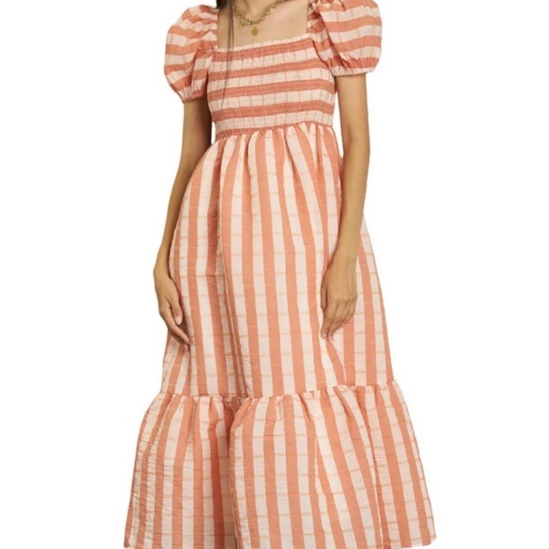 DRA Nicole Peach Striped Organza Midi Dress Sz M NWT