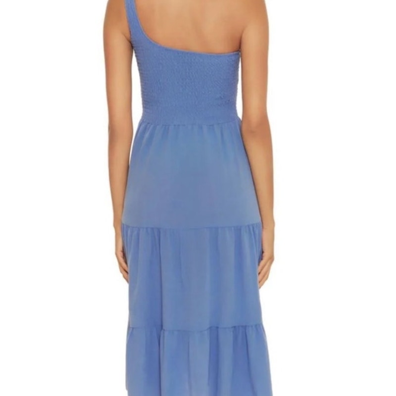 Becca Swim Mist Blue Ponza Smocked One Shoulder Dress Sz L NWT