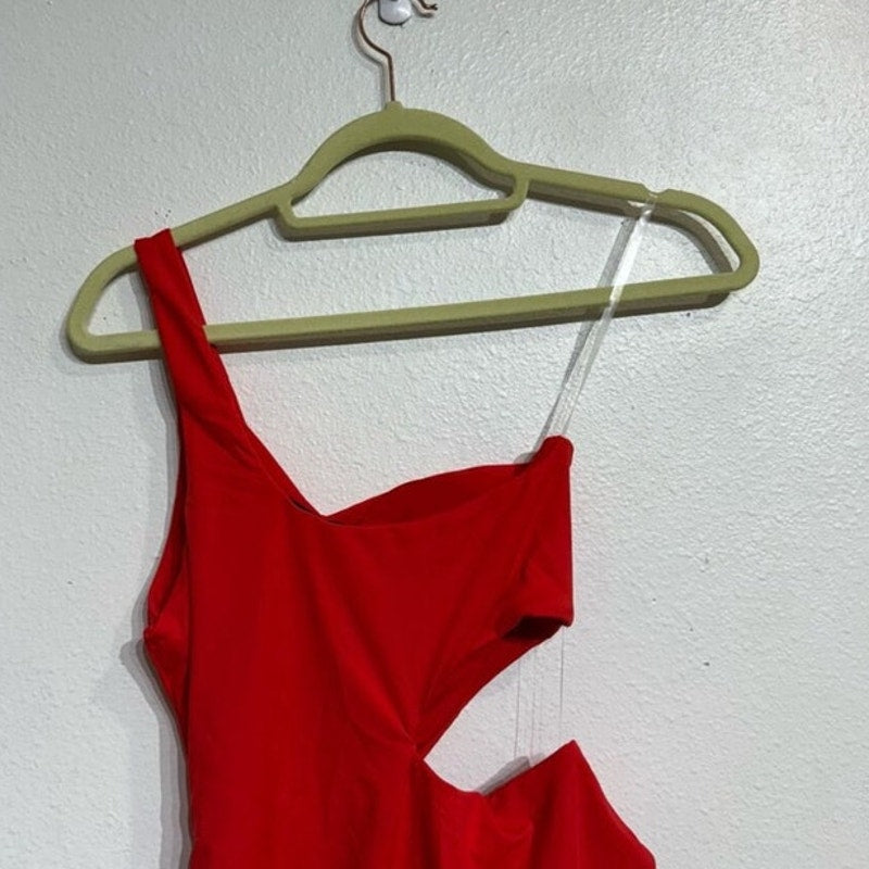 Aqua Red One Shoulder Cut Out One Piece Swimsuit Sz XL NWT