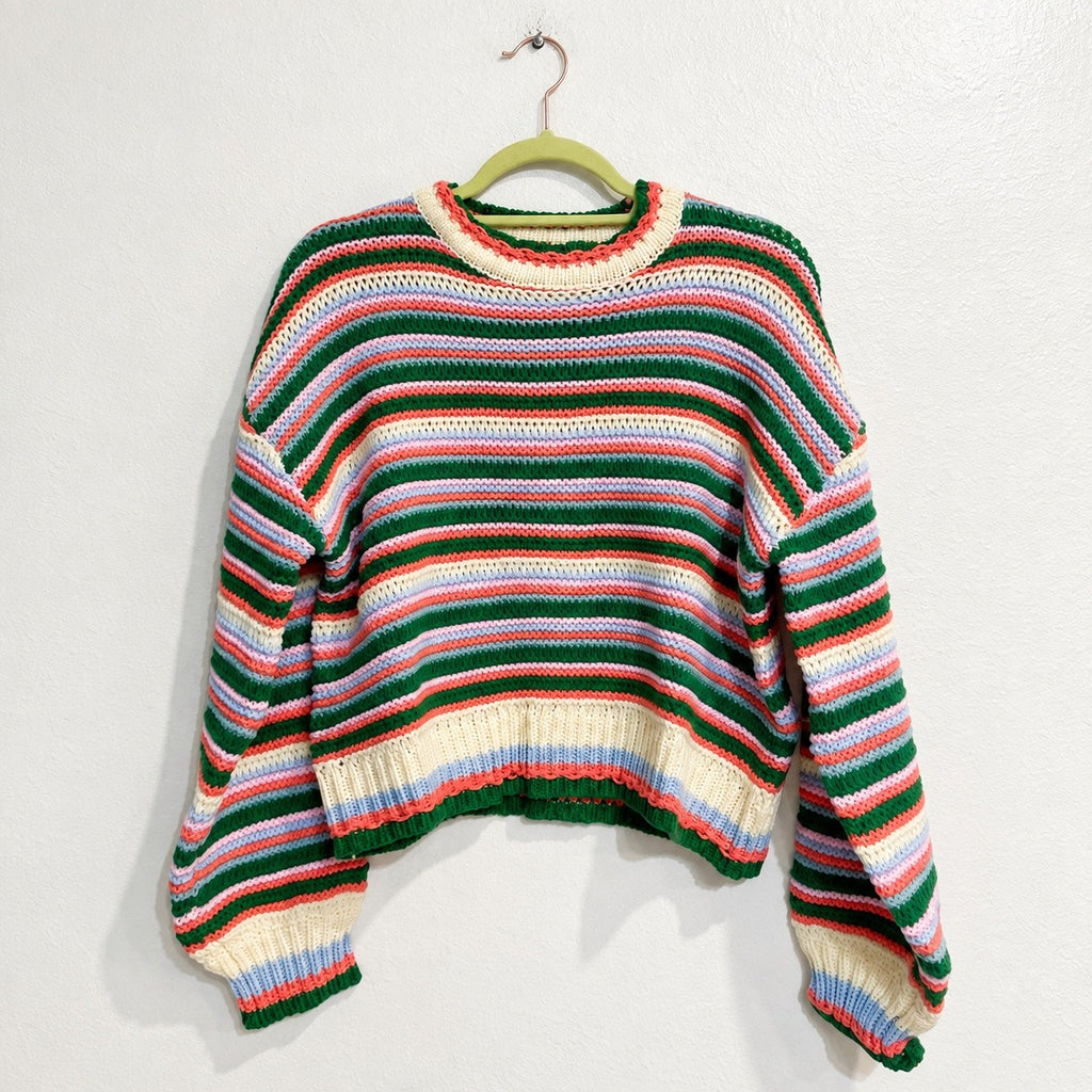 Storia Ivory Multi Striped Crewneck Sweater Sz S NWT