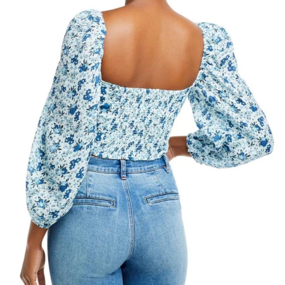 Bardot Blue Floral Linen Off The Shoulder Cropped Top Sz 2 NWT