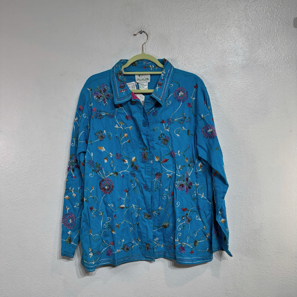 The Quacker Factory Blue Embroidered Beaded Boho Jacket Sz L NWT